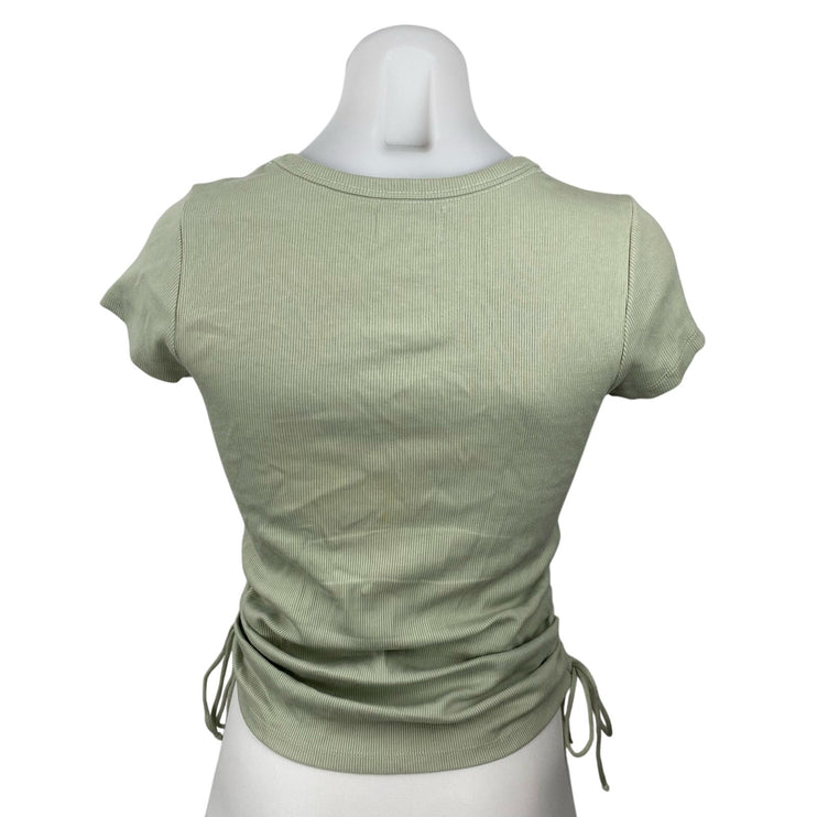Anthropologie Maeve Green Ribbed Knit Ruched Short Sleeve T Shirt Tee Top Size S