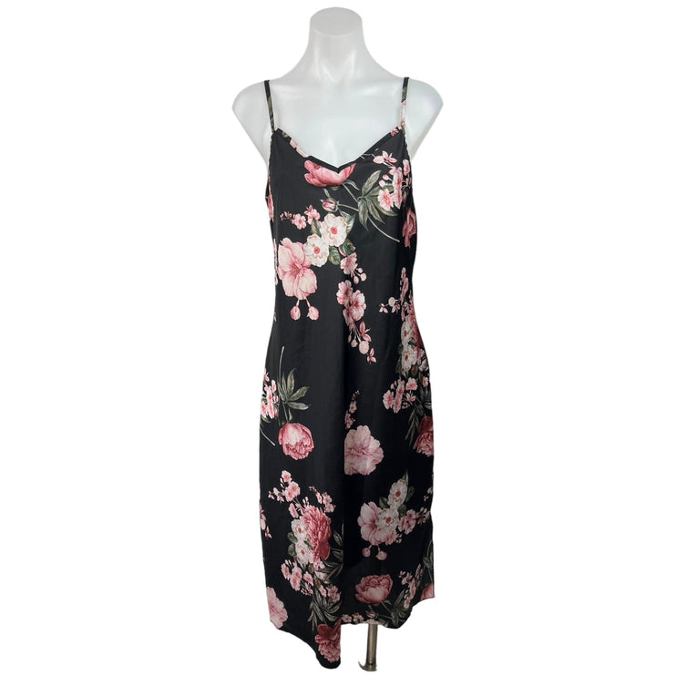 Boohoo Satin Women's Black Floral Print Sleeveless Summer A-Line Midi Dress 12