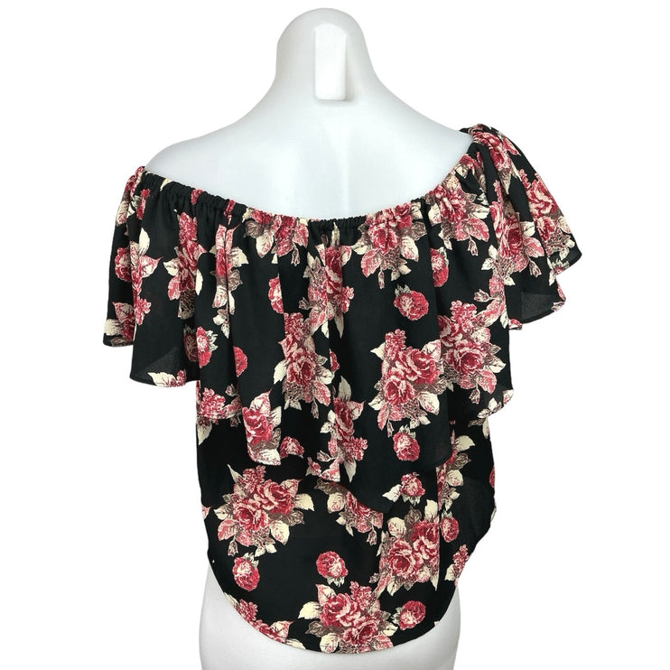 Abbeline Black Multicolor Floral Print Off The Shoulder Pullover Blouse Top Sz M