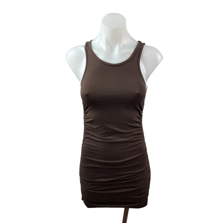 Aritzia TNA Brown High Neck Sleeveless Rucked Tank Cami Mini Bodycon Dress XS