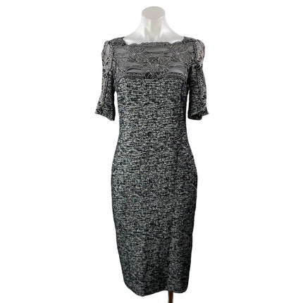 Teri Jon by Rickie Freeman Gray Short Sleeves Lace Tweed Midi Sheath Dress Sz 8