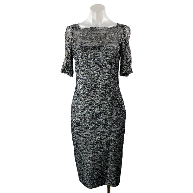 Teri Jon by Rickie Freeman Gray Short Sleeves Lace Tweed Midi Sheath Dress Sz 8