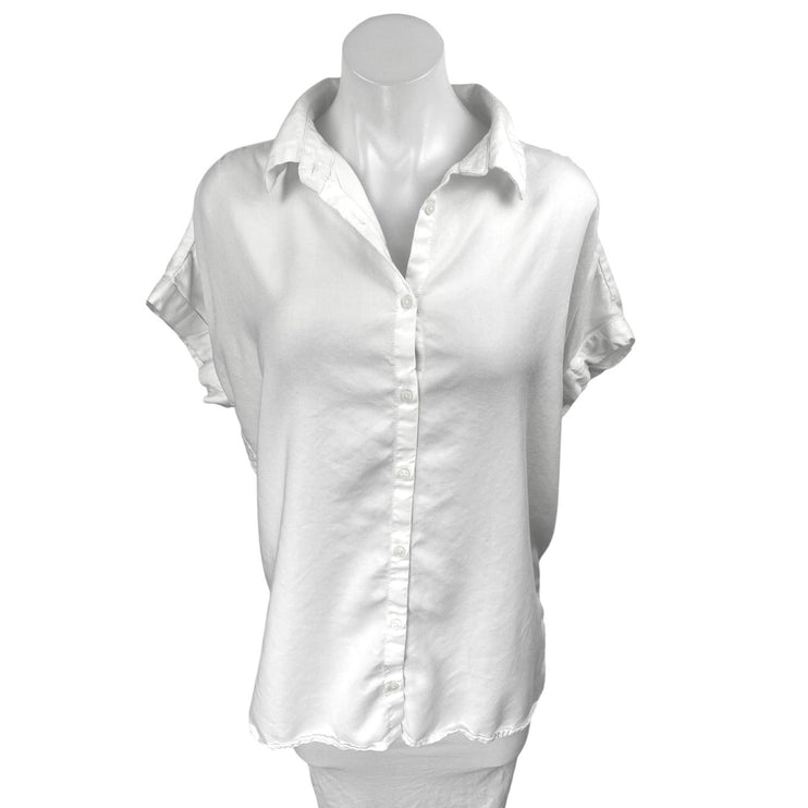 Quince Women's White Short Sleeve Collared Button Down Blouse Shirt Top Size M