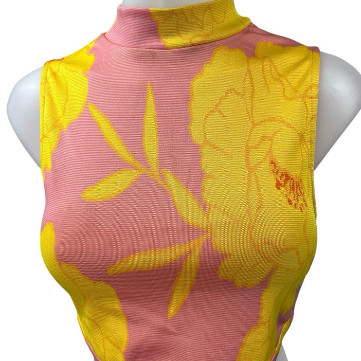 Zara Women's Pink Yellow Floral High Neck Sleeveless Crop Tank Top Size S