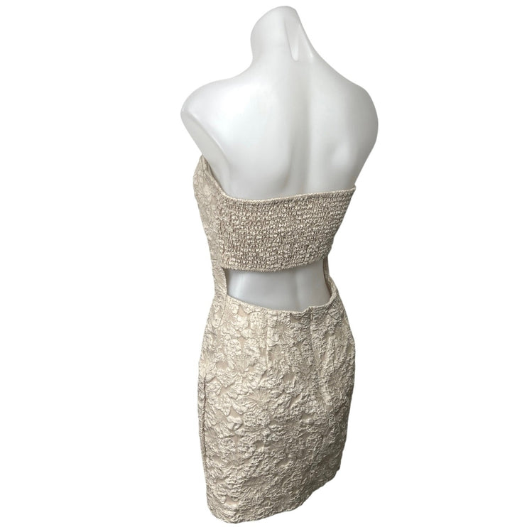 Shein Beige Floral Textured Strapless Cutout Smocked Mini Bodycon Dress Size M