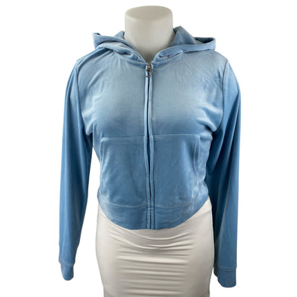NEW Juicy Couture Women's Blue Velvet Velour Y2k Hoodie Crop Sweatshirt Top XL