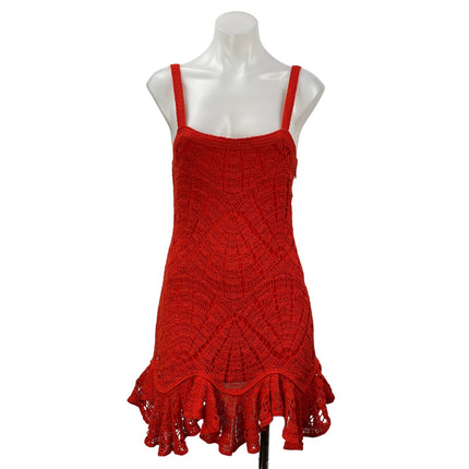 Zara Red Sleeveless Lace Ruffle Open Knit Crochet Peplum Tank A-Line Dress Sz S