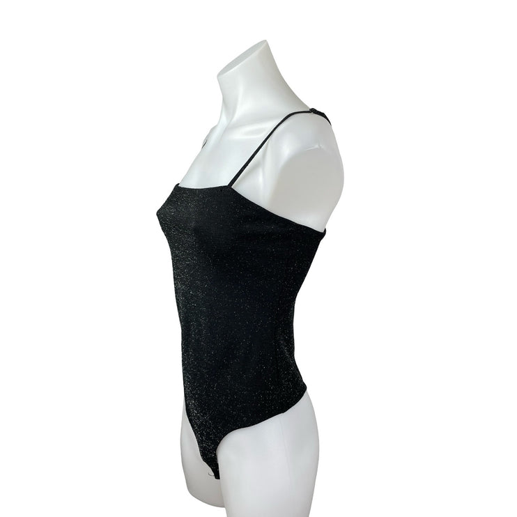 Garage Black Glitter Sparkly Shimmer Square Neck Cami Tank Thong Bodysuit Top M