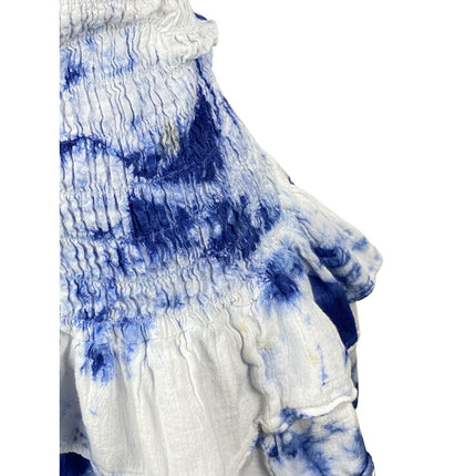 Cotton Natural Blue Tie Dye Smocked Strapless Ruffle Tiered Mini Dress Size S