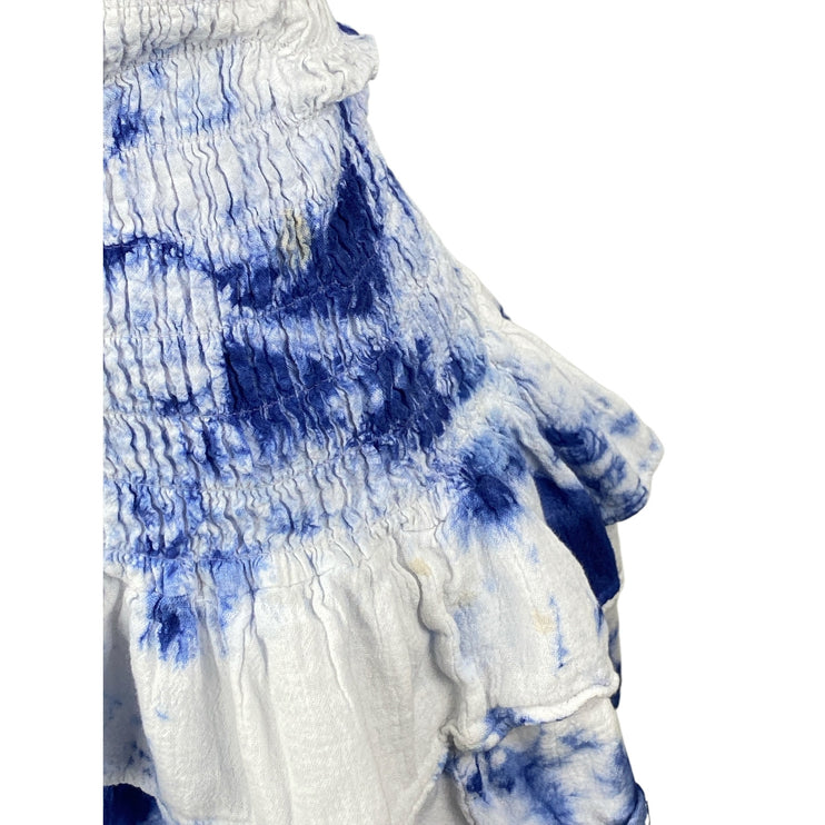 Cotton Natural Blue Tie Dye Smocked Strapless Ruffle Tiered Mini Dress Size S