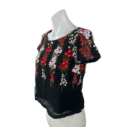 Ida Sjostedt Women's Black Floral Embroidered Short Sleeve Boxy Blouse Top Sz 8