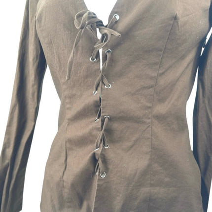 Reformation Caci Women's Brown Lace Up V Neck Long Sleeve Blouse Top Size 4