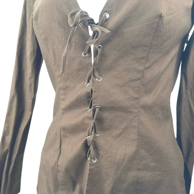 Reformation Caci Women's Brown Lace Up V Neck Long Sleeve Blouse Top Size 4