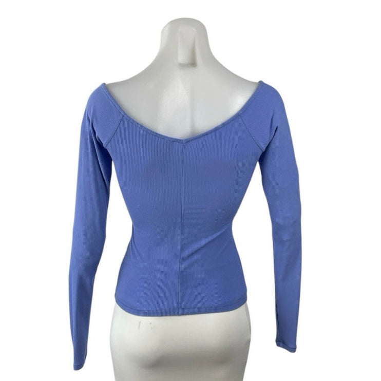 Skims Soft Lounge Blue Ribbed Off Shoulder Long Sleeve T-Shirt Sweater Top XS