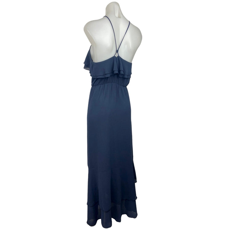 H&M Navy Blue Chiffon Sleeveless Halter Tiered Frilly Party Wedding Maxi Dress 8