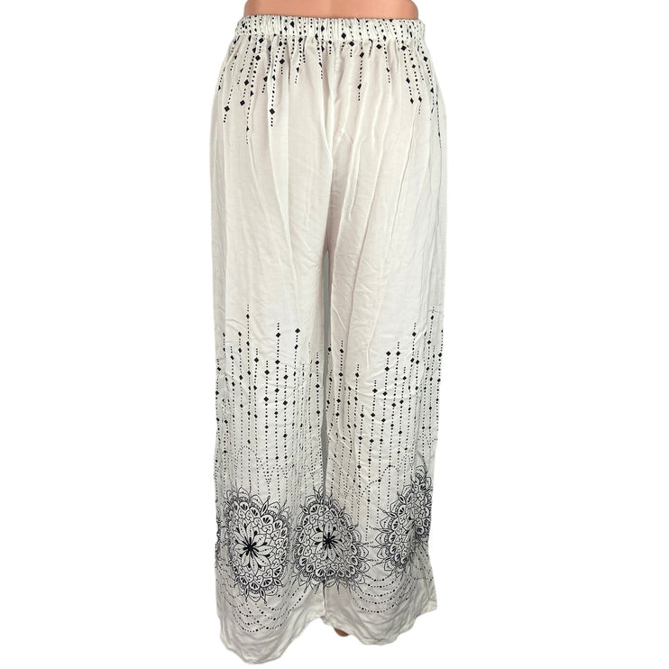 Women's White Black Drawstring Printed Ankle Elastic Waist Wide Leg Pants Size S