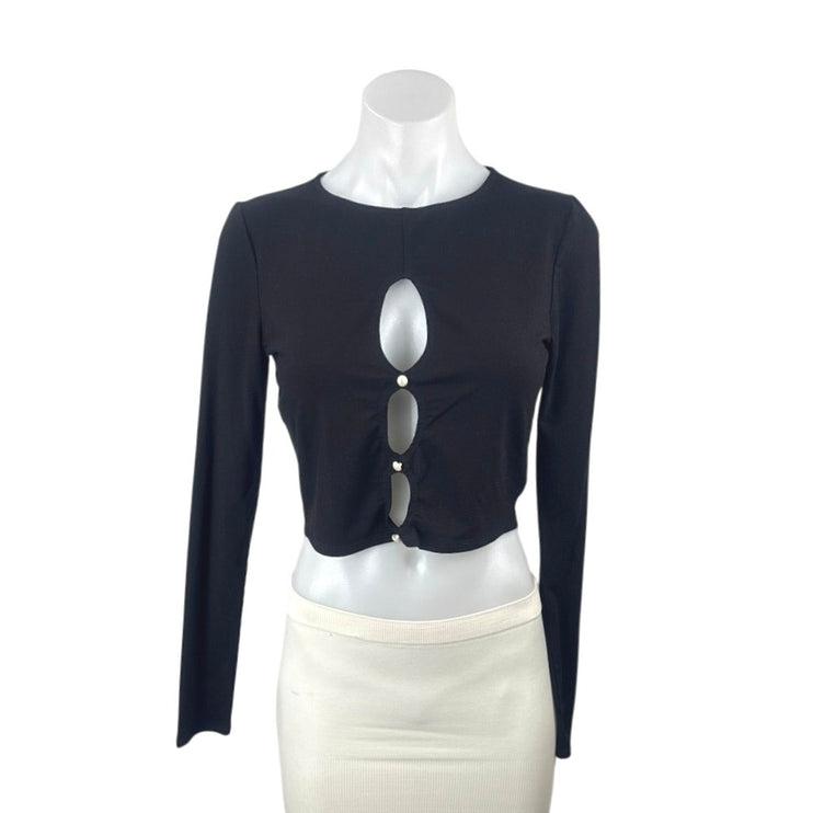Reformation Vernon Women's Black Cutout Pearl Beaded Long Sleeve Crop Top Size M