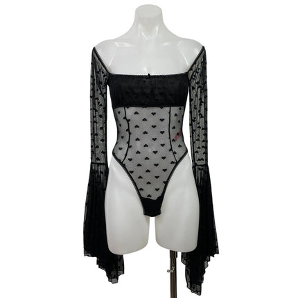 Sugar Thrills Women's Black Mesh Sheer Hearts Long Bell Sleeve Bodysuit Top XXS