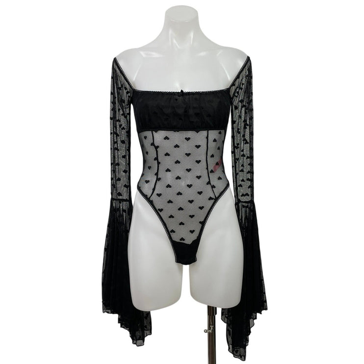 Sugar Thrills Women's Black Mesh Sheer Hearts Long Bell Sleeve Bodysuit Top XXS