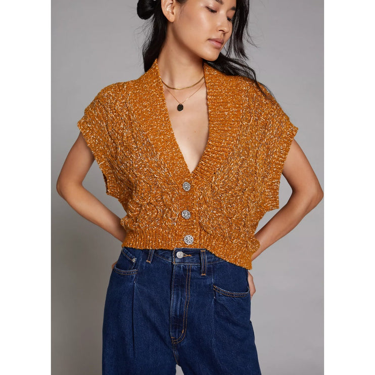 Anthropologie Maeve Yellow Knit Short Sleeve Oversized Cardigan Sweater Vest XL