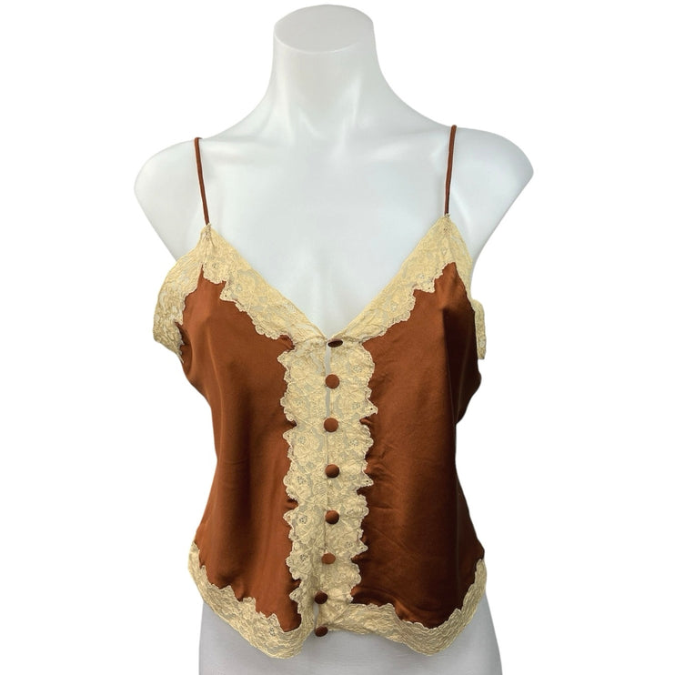 Sabbia Rosa Brown Cream 100% Silk Lace Floral Trim Vneck Cami Lingerie Top Sz M