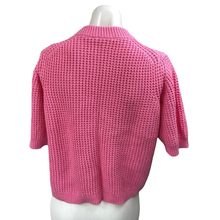 NEW French Connection Aurora Pink Chunky Knit Short Sleeve Crop Sweater Top Sz M