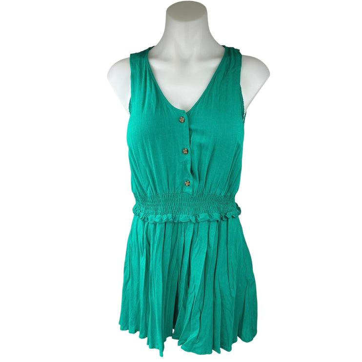 Zara Green Sleeveless Button V-neck Smocked Pleated Wide Leg Romper Jumpsuit XS