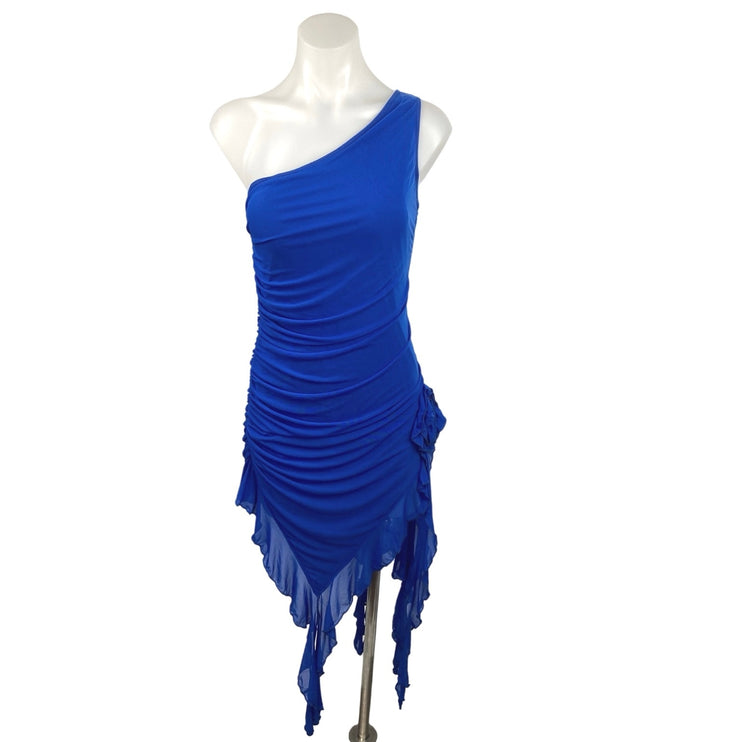 SHEIN Blue One Shoulder Ruffle Asymmetrical Hem Ruched Bodycon Party Dress Sz 6