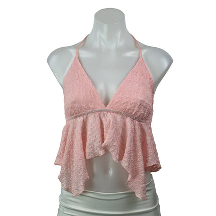 NEW Victoria + Sophia Pink Textured Halter Ruffle Asymmetric Crop Top Size S