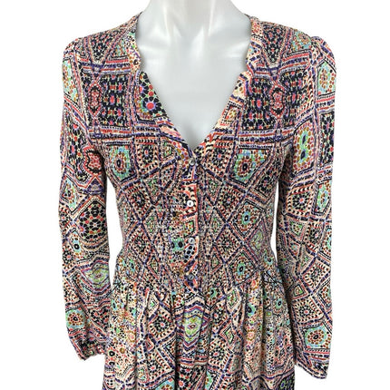 Anthropologie Tiled Amethyst Long Sleeve Geometric Smocked Mini A Line Dress S