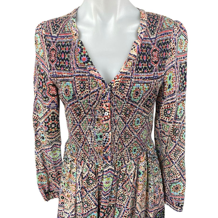 Anthropologie Tiled Amethyst Long Sleeve Geometric Smocked Mini A Line Dress S