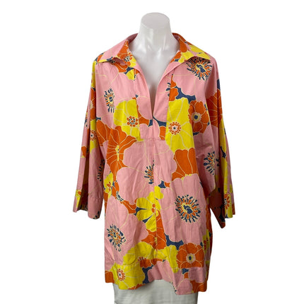 Zara Women's Pink Yellow Floral Long Sleeves Kimono Tunic Shirt Top & Hat Sets M