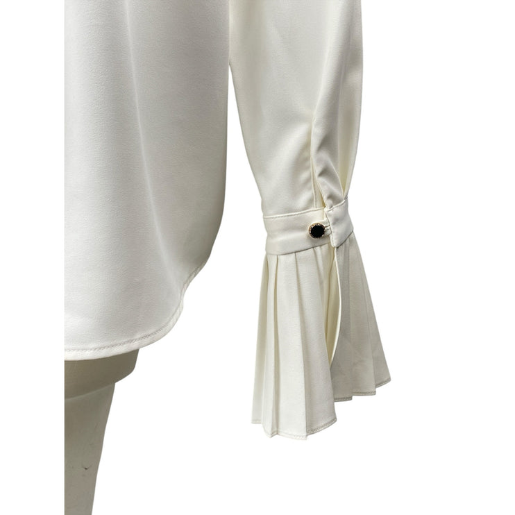 Commense Womens White Long Bell Sleeve Pleated Button Up Blouse Shirt Top Size S