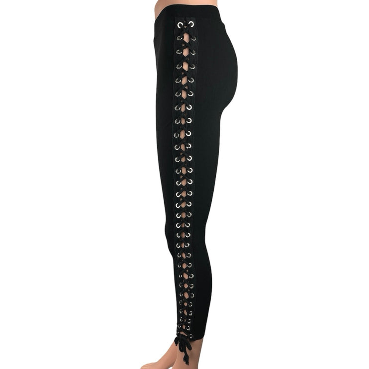 Settle Down Women Black Mid Rise Elastic Waist Criss Cross Lace up Leggings Sz S