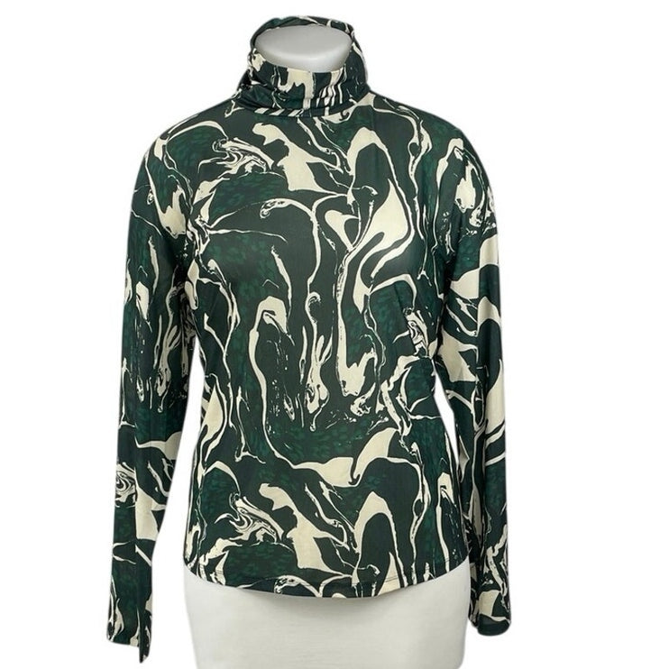 NEW Eloqui Green Marble Abstract Turtle Neck Long Sleeve Tee T-Shirt Top 22/24