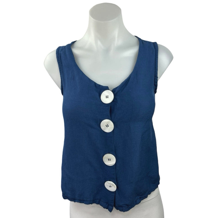 MNG Mango Blue Linen Blend Scoop Neck Button Detail Sleeveless Tank Top Size XS