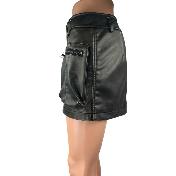 Zara Women's Black Faux Vegan Leather High Waist Pockets Mini Cargo Skirt Sz XS
