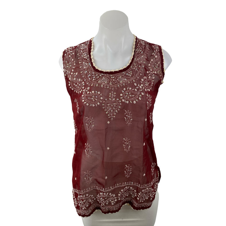 Women's Maroon Embroidered Paisley Mesh Sheer Sleeveless Tank Blouse Top Size S