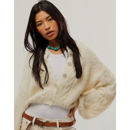 Free People Willow Cream Cable Knit Long Sleeve Crop Button Cardigan Sweater XS