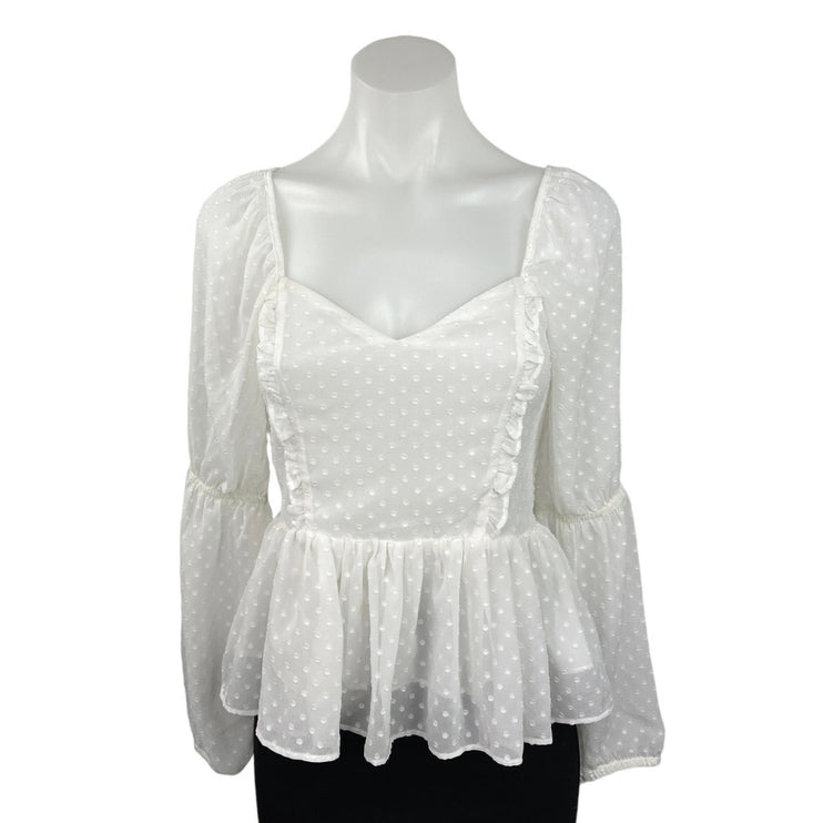 Express White Sweetheart Swiss Dot Balloon Sleeve Peplum Blouse Top Size S