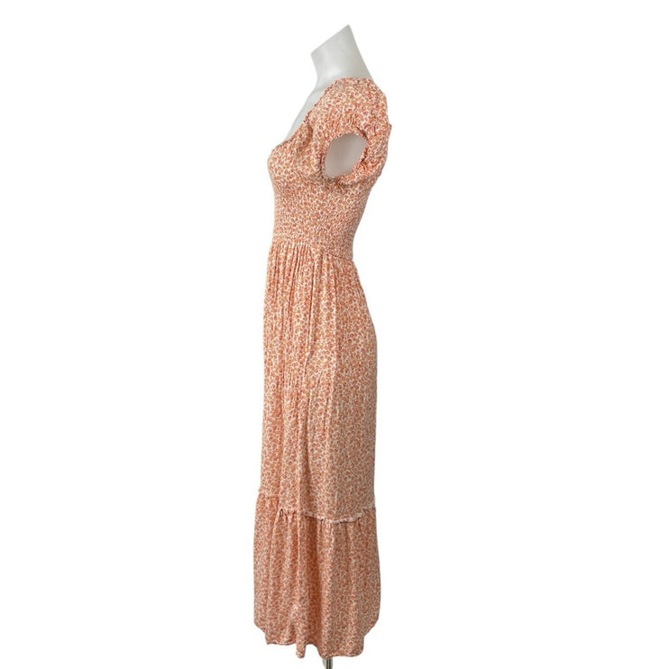 Aeropostale Coral Ditsy Floral Short Puff Sleeve Tiered A Line Midi Dress Size M