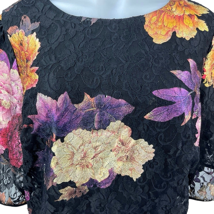 Anthropologie Black Metallic Lace Floral Print Short Puff Sleeve Blouse Top 1X