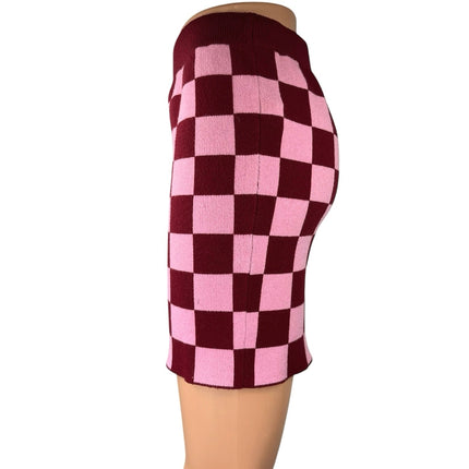 Forever 21 Maroon Pink Checkered Plaid Knitted Mini Pencil Bodycon Skirt Size M