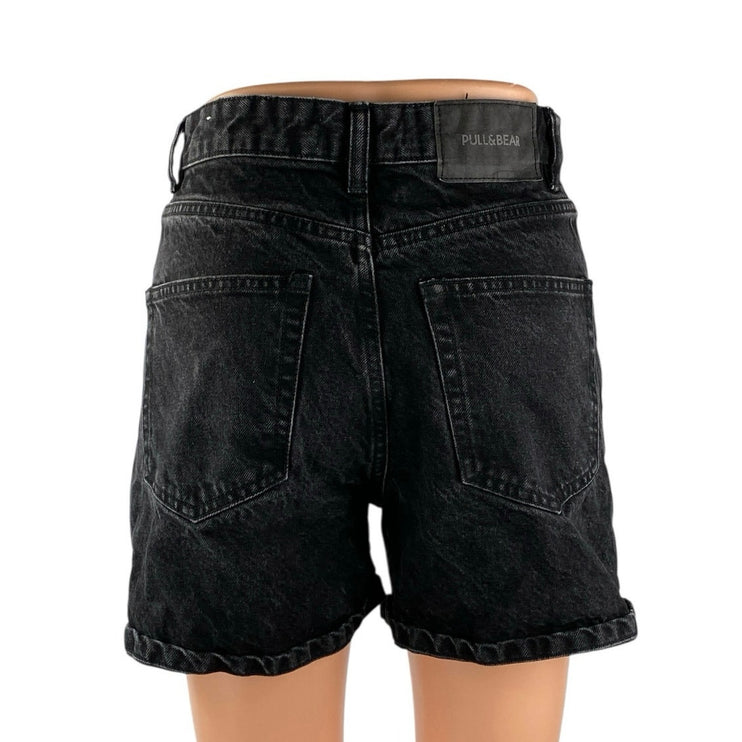 Pull & Bear Women's Black High Waisted Boyfriend Straight Denim Jean Shorts Sz 2