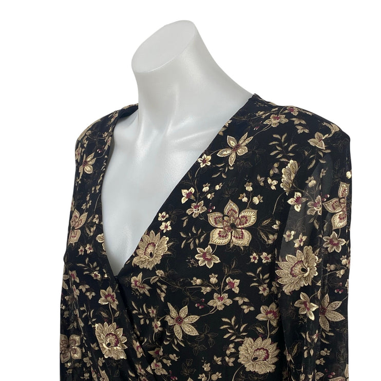 Dress Forum Black Beige Floral Long Sleeve Faux Wrap Surplice Midi Dress Size L