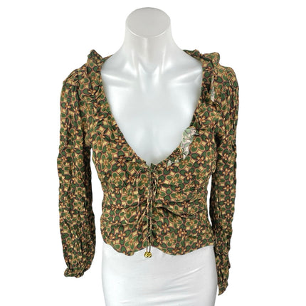 Lost + Wander Multicolor Floral Ruffle Puff Sleeve Tie Front Crop Blouse Top S