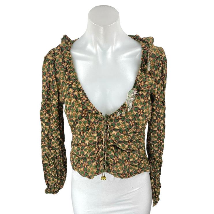 Lost + Wander Multicolor Floral Ruffle Puff Sleeve Tie Front Crop Blouse Top S