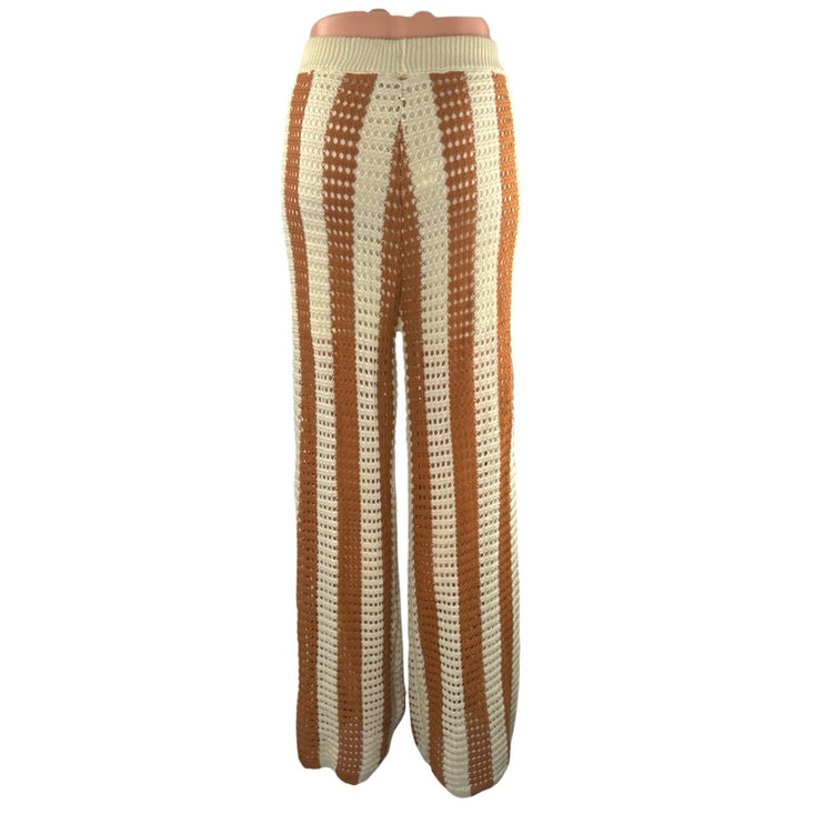 Solitaire Beige Tan Stripe Crochet Open Knit High Rise Wide Leg Trousers Pant XL