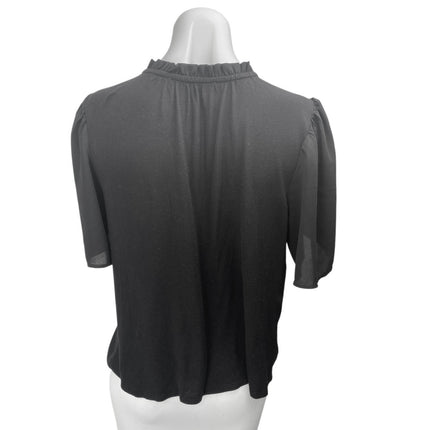 Ann Taylor LOFT Women's Black Ruffle Tie Neck Short Puff Sleeve Blouse Top Sz S