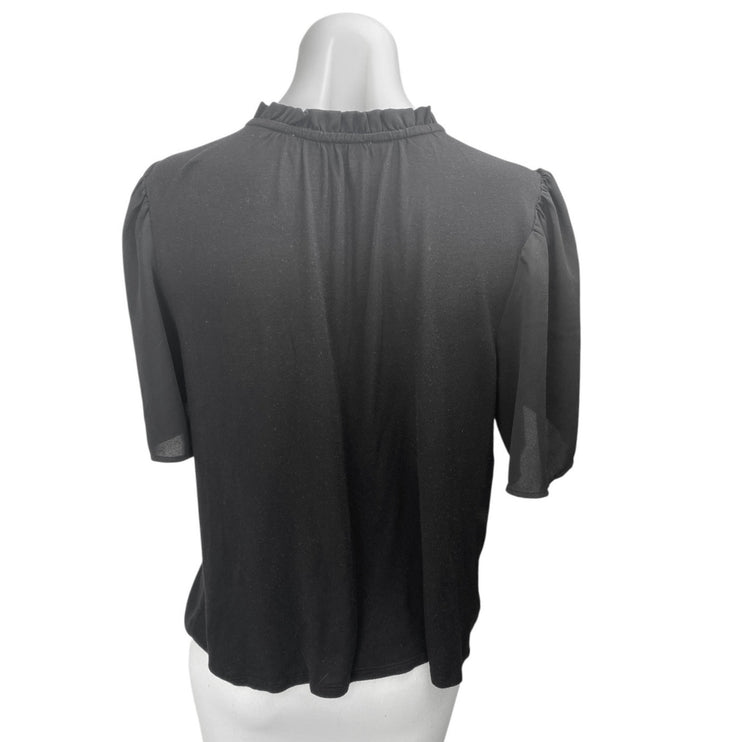 Ann Taylor LOFT Women's Black Ruffle Tie Neck Short Puff Sleeve Blouse Top Sz S